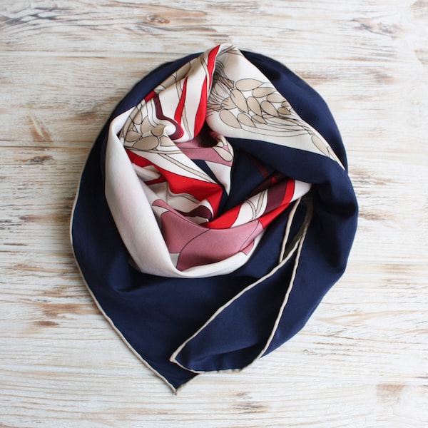 Vintage square silk scarf / Retro Gres Paris floral foulard / Vintage blue red white head scarf women / Vtg designer silk accessories