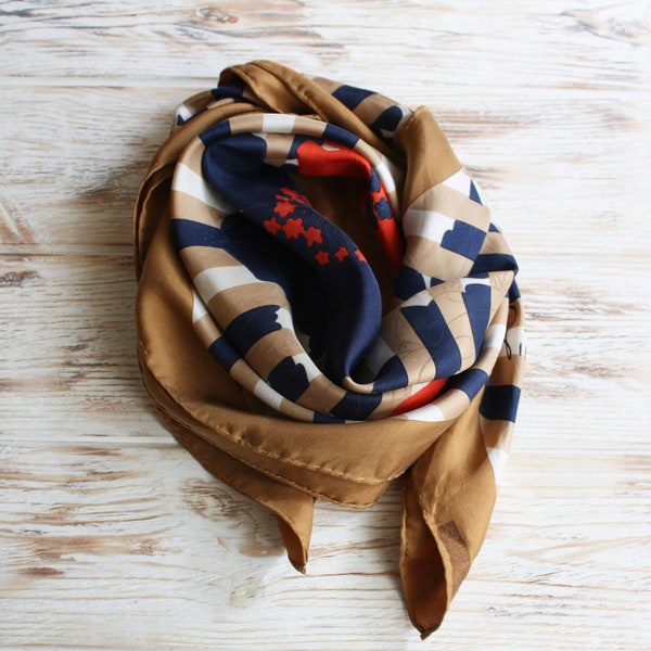Vintage Pierre Cardin silk floral scarf / Vintage stripes scarf / Retro square designer foulard / Vtg orange blue brown head scarf