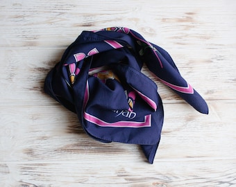 Vintage floral head scarf / Vtg blue pink square foulard  / Retro women accessories