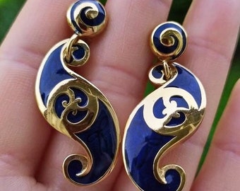 Vintage klobige blaue Gold-Clip-Ohrringe / Retro-Emaille-Ohrringe ohne Löcher / Antiker Schmuck / Vintage PT lange Ohrhänger