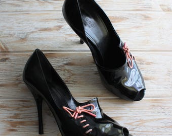 Vintage Gucci black patent leather high heel shoes / Retro designer open toe lace up stiletto shoes size 8 US