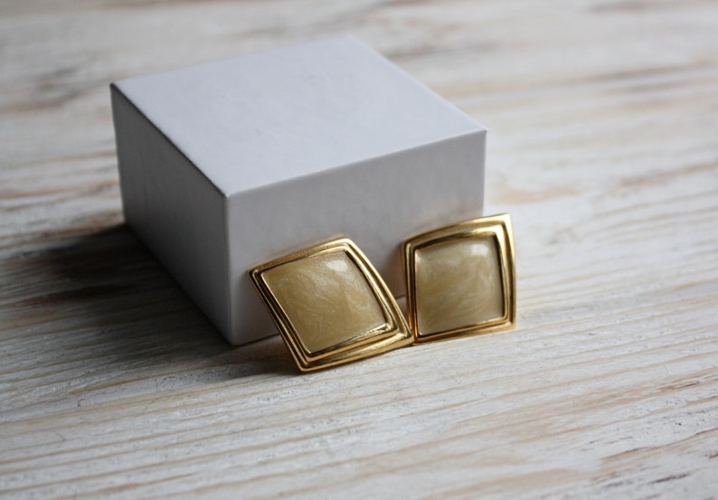 Vintage yellow enamel earrings Retro rhombus clip on earrings Antique enamel jewelry Signed Sphinx non pierced earrings Bridesmaid jewelry