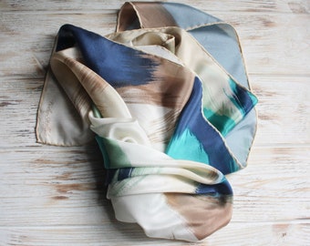 Vintage abstract square beige green blue silk scarf / Vintage Fisba Stoffels foulard / Retro fashion head scarf women