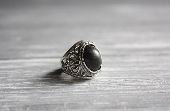 Vintage chunky silver ring size 8 / Vtg black fil… - image 3