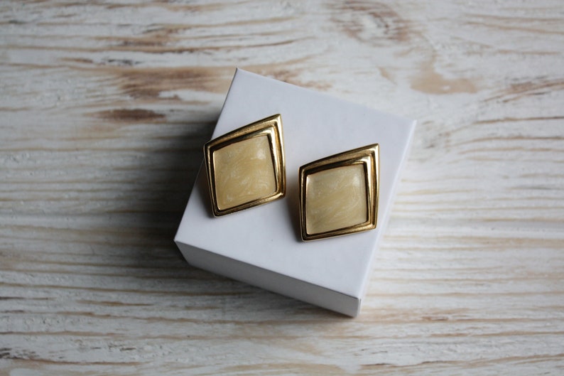 Vintage yellow enamel earrings Retro rhombus clip on earrings Antique enamel jewelry Signed Sphinx non pierced earrings Bridesmaid jewelry
