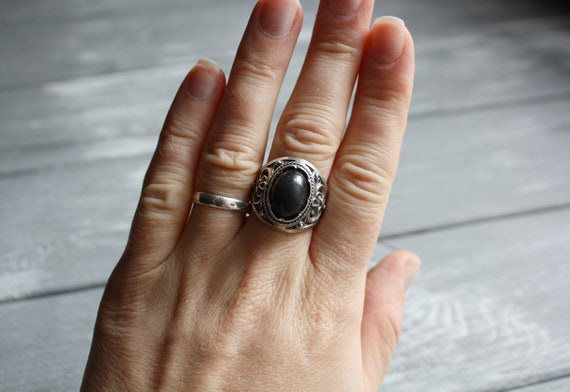 Vintage chunky silver ring size 8 / Vtg black fil… - image 10