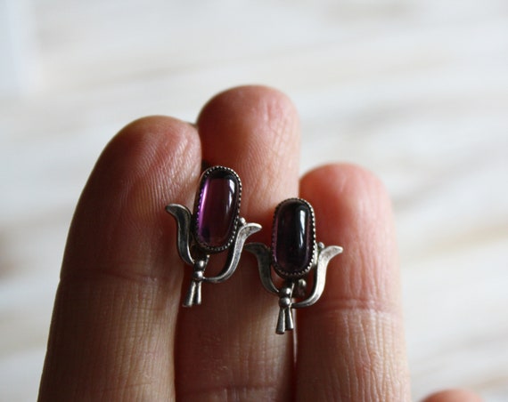 Antique purple glass earrings / Vintage latch bac… - image 7