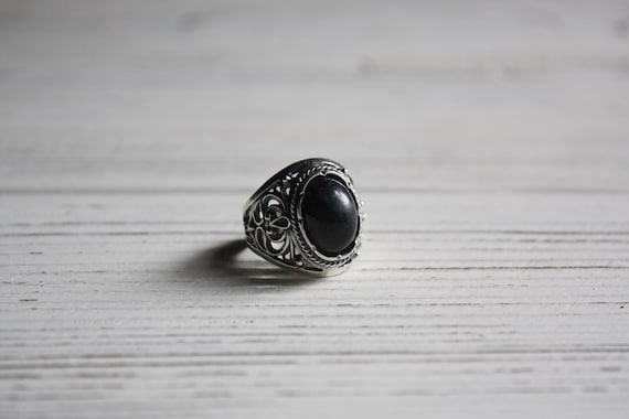Vintage chunky silver ring size 8 / Vtg black fil… - image 1