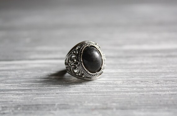 Vintage chunky silver ring size 8 / Vtg black fil… - image 4