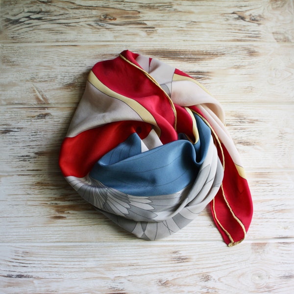 Vintage Gres Paris silk scarf / Designer head scarf vintage / Vintage bird square foulard / Blue red gray scarf