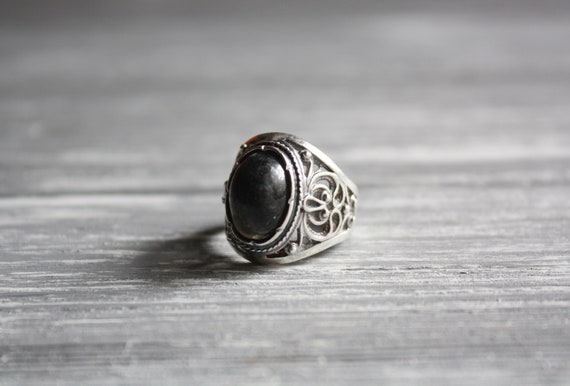 Vintage chunky silver ring size 8 / Vtg black fil… - image 6