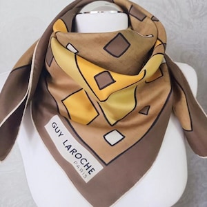 Vintage geometric silk scarf / Retro brown square scarf / Vintage Guy Laroche head scarf / Vtg summer foulard women