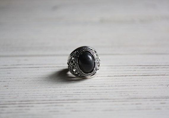 Vintage chunky silver ring size 8 / Vtg black fil… - image 2