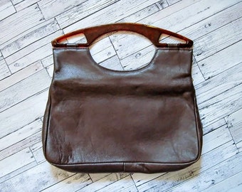 Embrague simple de cuero vintage con mango de plástico / Bolso marrón retro minimalista / Bolso clutch Vtg cóctel de la década de 1960 para mujer