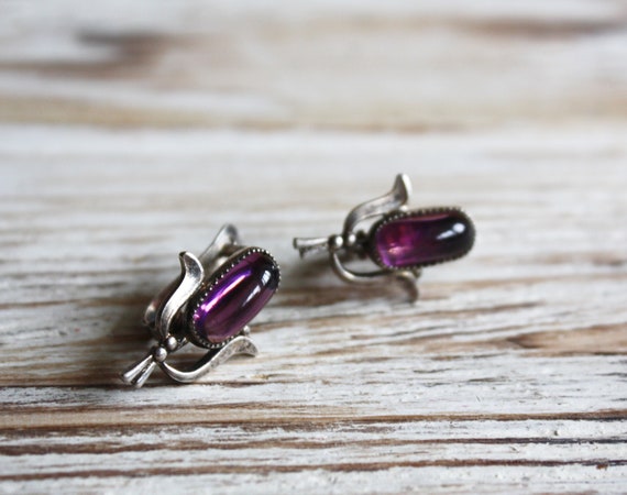 Antique purple glass earrings / Vintage latch bac… - image 3