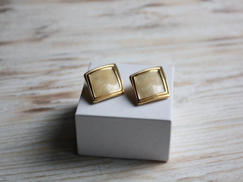 Vintage yellow enamel earrings Retro rhombus clip on earrings Antique enamel jewelry Signed Sphinx non pierced earrings Bridesmaid jewelry