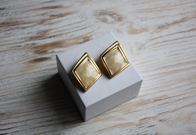 Vintage yellow enamel earrings Retro rhombus clip on earrings Antique enamel jewelry Signed Sphinx non pierced earrings Bridesmaid jewelry