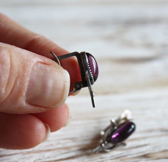 Antique purple glass earrings / Vintage latch bac… - image 6
