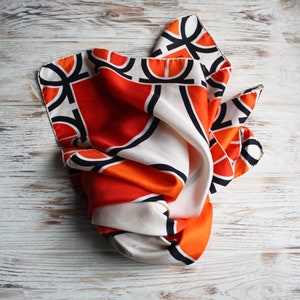 Vintage geometric silk scarf / Retro orange white square scarf / Vintage Lancome head scarf / Vtg designer foulard