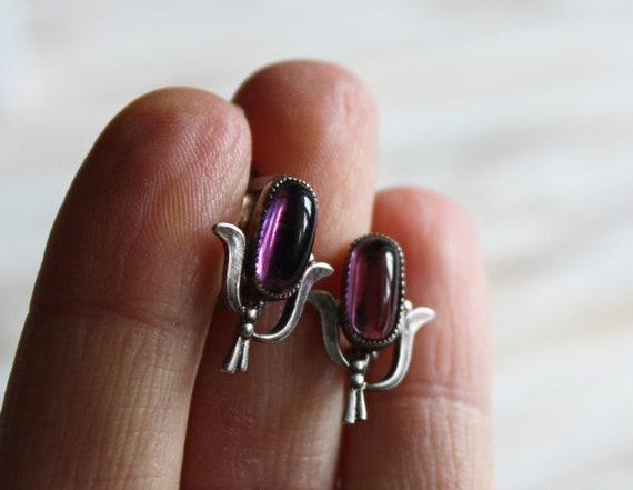 Antique purple glass earrings / Vintage latch bac… - image 8