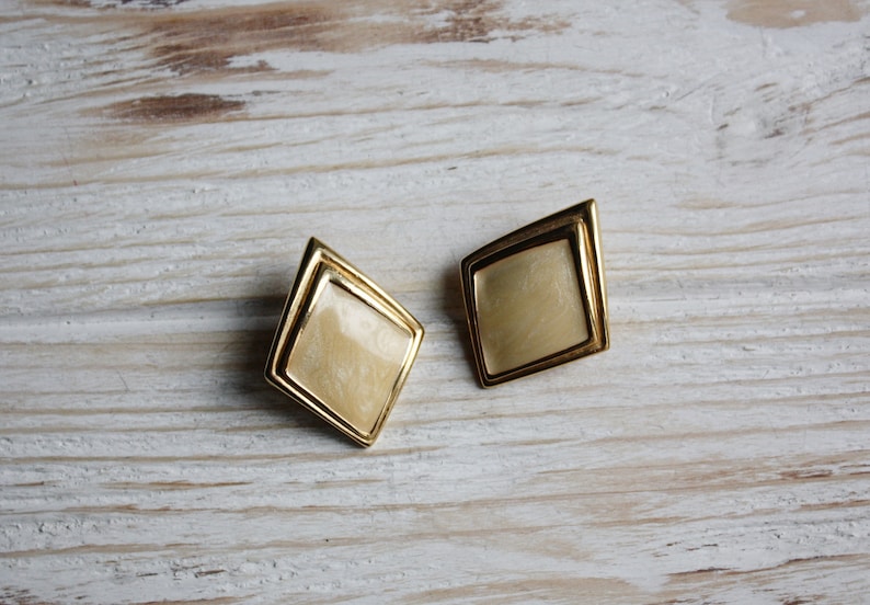 Vintage yellow enamel earrings Retro rhombus clip on earrings Antique enamel jewelry Signed Sphinx non pierced earrings Bridesmaid jewelry
