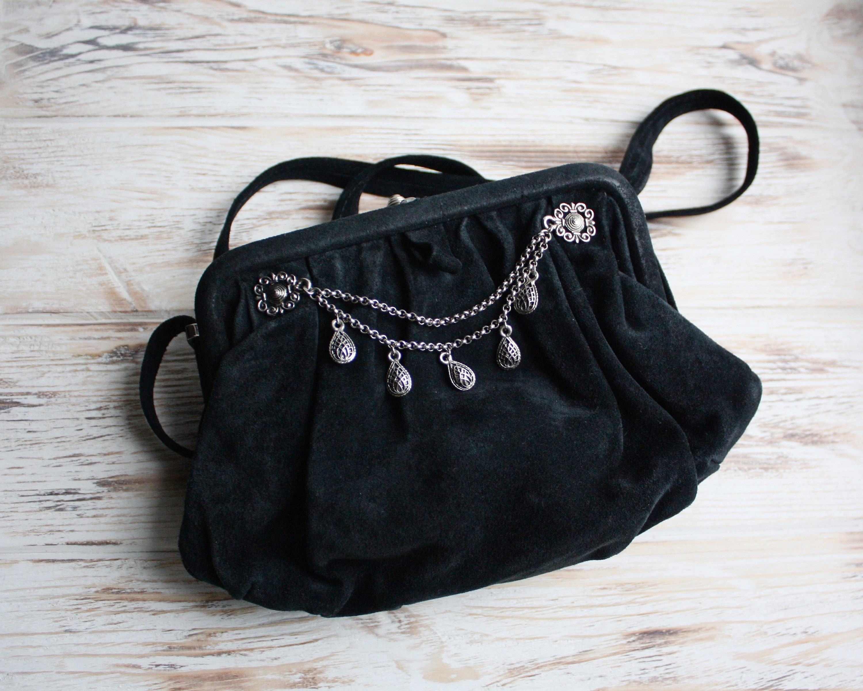 Vintage black suede leather handbag Vintage small shoulder bag | Etsy