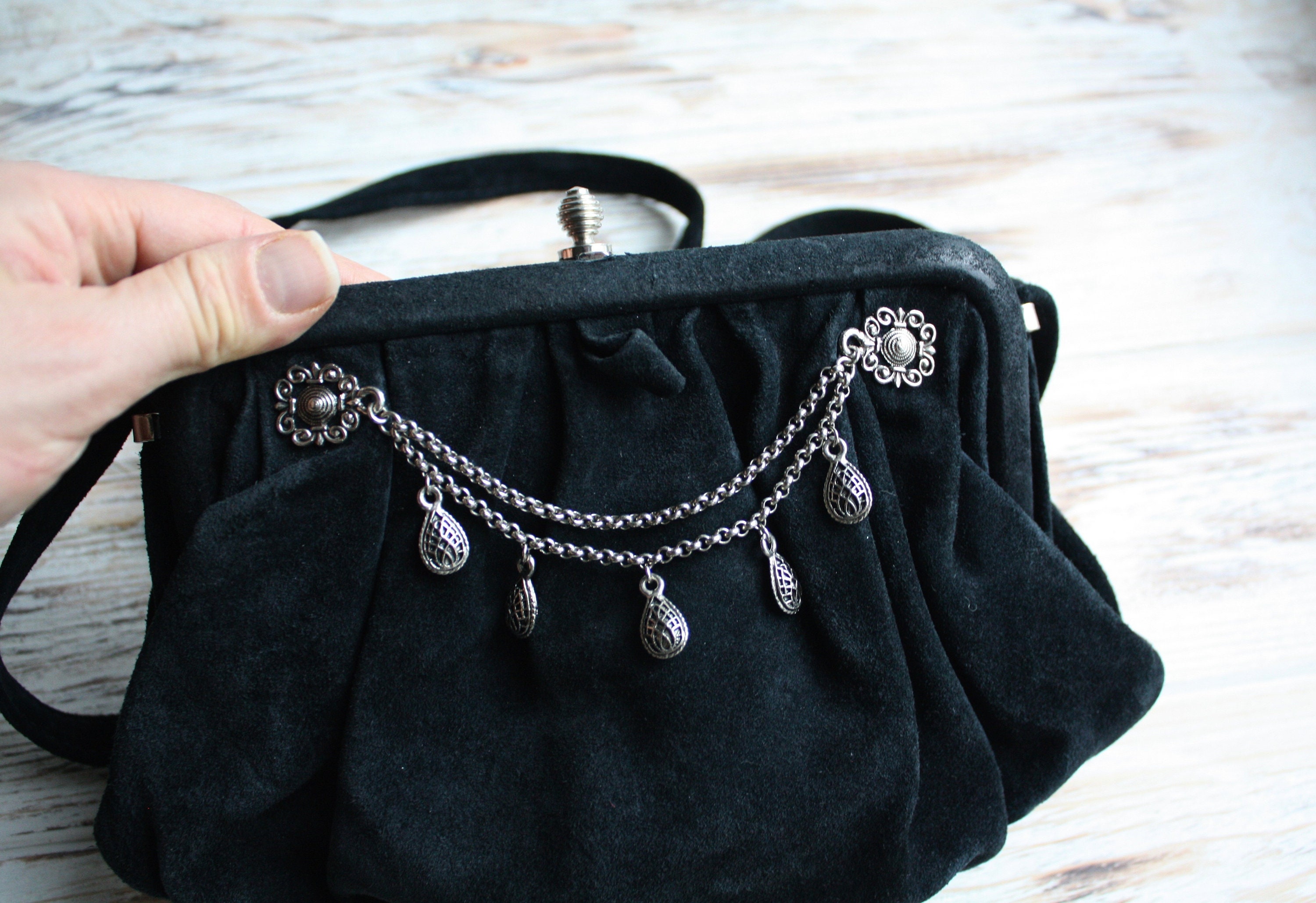 Vintage black suede leather handbag Vintage small shoulder bag | Etsy