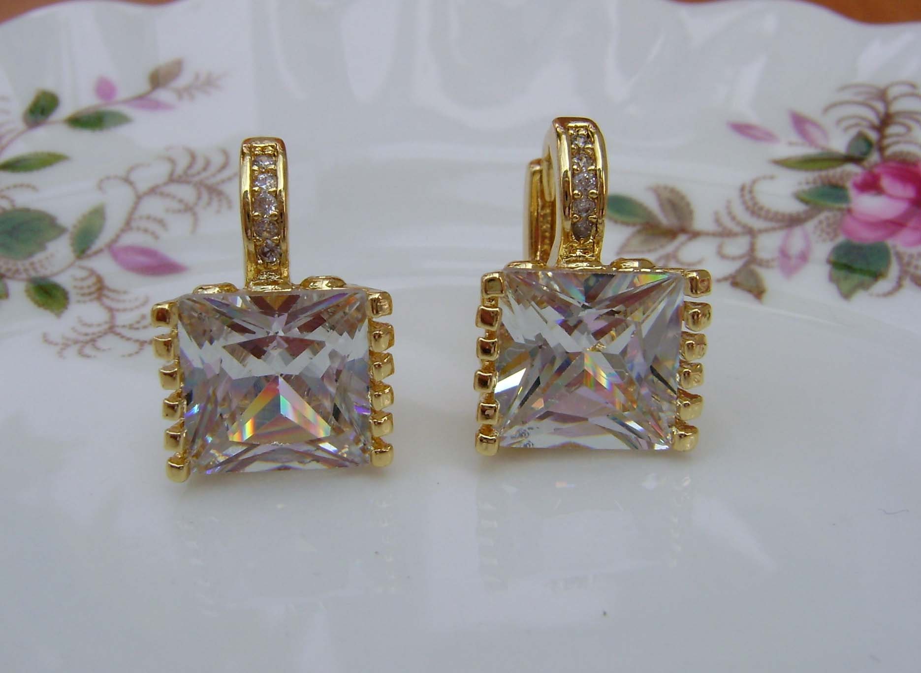 Square Cut Crystal Latch Back Gold Earring - Etsy