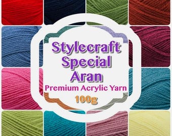 May include: A collection of Stylecraft Special Aran premium acrylic yarn in various colors, including red, blue, green, and pink. The image features a central graphic with the yarn's name and weight, 100g.