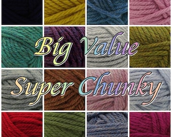 May include: A collection of colorful, super chunky yarn skeins in various shades, including navy, mustard yellow, teal, and rose. The image features the text "Big Value Super Chunky" in a decorative font, highlighting the product's value and texture.