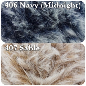 Pu&ograve; includere: Due immagini ravvicinate di campioni di tessuto in pelliccia sintetica. Il campione superiore &egrave; di colore blu scuro con il testo "406 Navy (Midnight)". Il campione inferiore &egrave; di colore marrone chiaro con il testo "407 Sable".