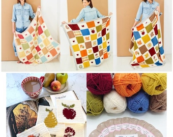 May include: A handmade crochet blanket featuring a patchwork design of squares with autumn-themed motifs like apples, pears, mushrooms, and leaves in red, yellow, green, and brown. Includes yarn balls and square crochet swatches with similar designs.