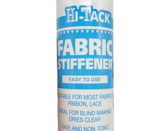 May include: A white plastic bottle of Hi-Tack Fabric Stiffener. The label features blue text and a blue border, with the words "Fabric Stiffener" prominently displayed. The bottle contains 8.8 fl oz of product and is suitable for fabrics, ribbon, and lace.