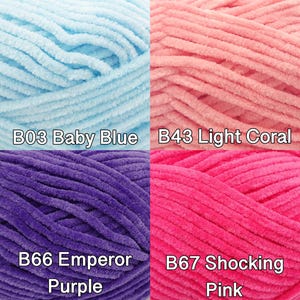 Pu&ograve; includere: Primo piano di quattro gomitoli di filato di peluche in vari colori. I colori includono azzurro, corallo chiaro, viola imperatore e rosa shocking. Ogni gomitolo ha un'etichetta con il nome e il codice del colore. Il filato appare morbido e strutturato.