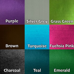 May include: A color chart with nine different colors: purple, silver grey, grass green, brown, turquoise, fuchsia pink, charcoal, teal, and emerald.