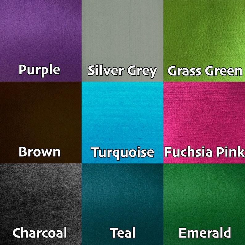 May include: A color chart with nine different colors: purple, silver grey, grass green, brown, turquoise, fuchsia pink, charcoal, teal, and emerald.