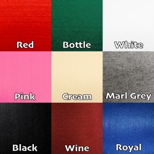 May include: Nine fabric swatches in different colors, including red, bottle green, white, pink, cream, marl grey, black, wine, and royal blue. The swatches are arranged in a 3x3 grid.