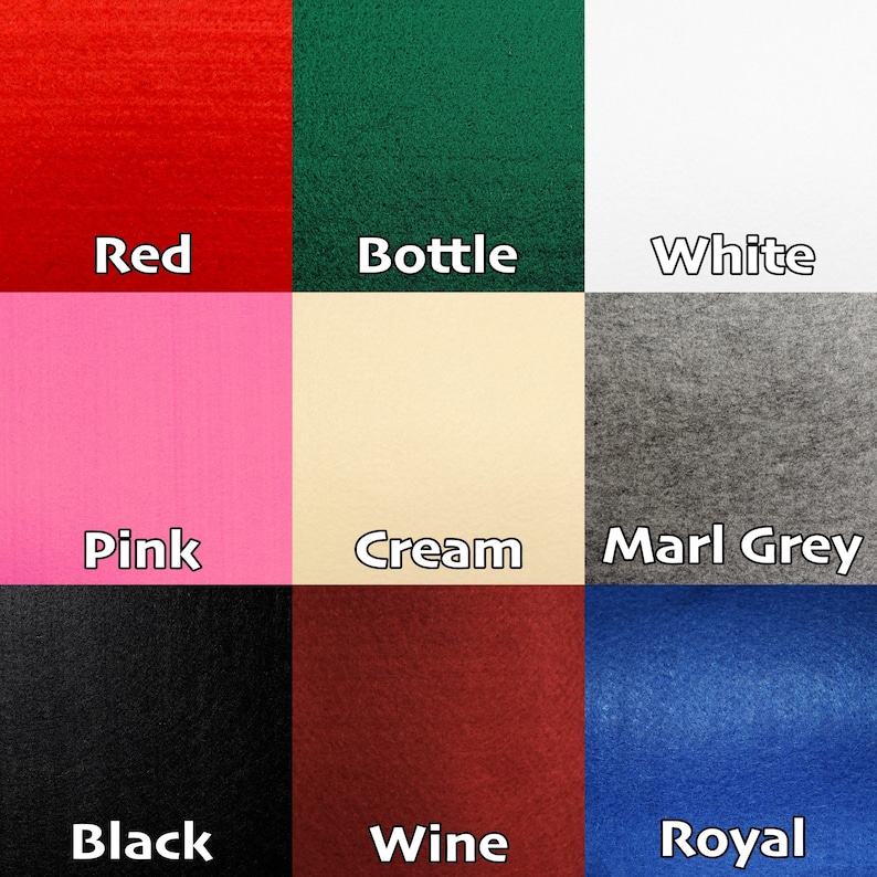 May include: Nine fabric swatches in different colors, including red, bottle green, white, pink, cream, marl grey, black, wine, and royal blue. The swatches are arranged in a 3x3 grid.
