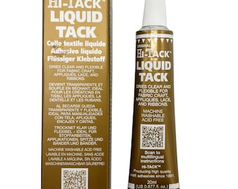 May include: A tube of Hi-Tack Liquid Tack adhesive with a matching box. The tube and box are gold with white and black text. The text describes the adhesive as clear, flexible, and machine washable. The tube contains 0.677 fl. oz.