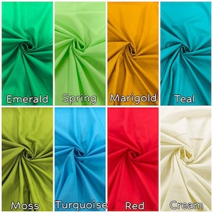 May include: A grid of eight fabric swatches in solid colors, each gathered in the center. The colors are labeled as Emerald, Spring, Marigold, Teal, Moss, Turquoise, Red, and Cream. Each section displays the fabric texture and color name.