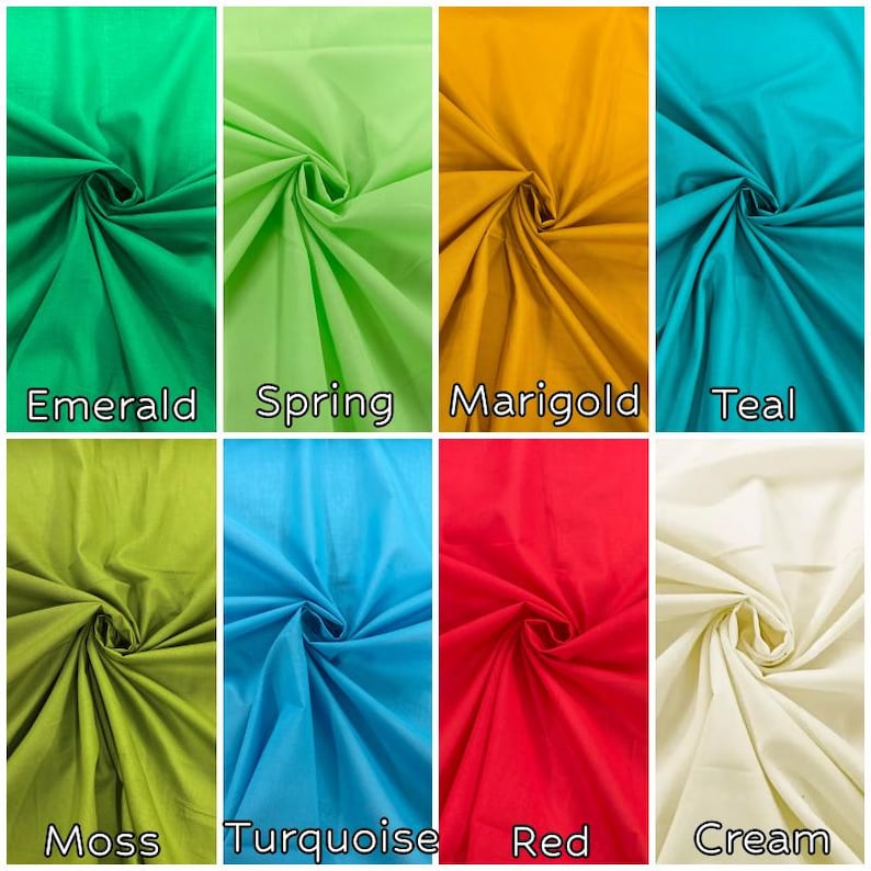 May include: A grid of eight fabric swatches in solid colors, each gathered in the center. The colors are labeled as Emerald, Spring, Marigold, Teal, Moss, Turquoise, Red, and Cream. Each section displays the fabric texture and color name.