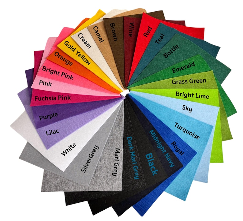 May include: A color chart of felt fabric swatches in various colors, including cream, gold yellow, orange, bright pink, pink, fuchsia pink, purple, lilac, white, silver grey, brown, wine, red, teal, bottle, emerald, grass green, bright lime, sky, turquoise, royal, midnight navy, black, dark marl grey, and marl grey.