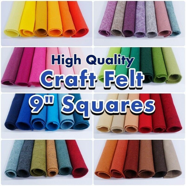 Wool Blend Craft Felt Squares: 9" x 9" (23cm x 23cm) EN71 Standard 50+ Colours
