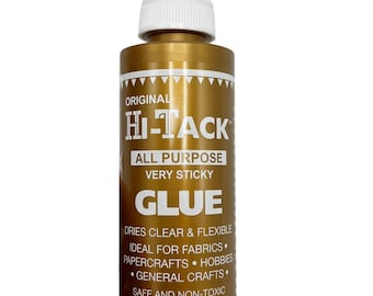 May include: A gold-colored bottle of Hi-Tack all-purpose glue with a white nozzle. The label includes the text "Original Hi-Tack", "Very Sticky", and "Glue". It is 4 fl. oz. and dries clear and flexible. Suitable for fabrics, papercrafts, hobbies, and general crafts.