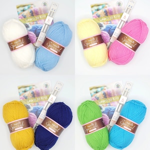 May include: Six balls of yarn in different colours, including white, light blue, yellow, pink, gold, navy blue, green, and turquoise. Each ball of yarn is labelled "Special" and comes with a pair of knitting needles. The packaging includes instructions for learning to knit.