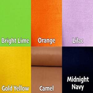 May include: Six fabric swatches in different colors: bright lime green, orange, lilac, gold yellow, camel brown, and midnight navy.