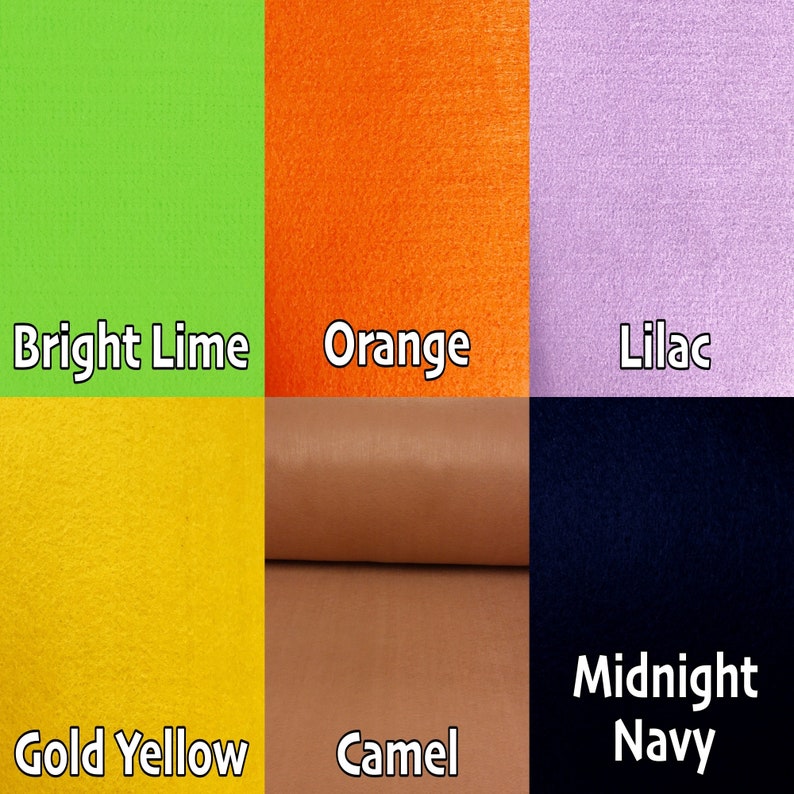 May include: Six fabric swatches in different colors: bright lime green, orange, lilac, gold yellow, camel brown, and midnight navy.