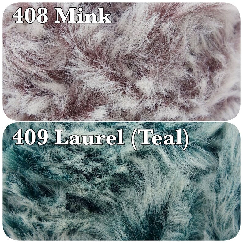 Pu&ograve; includere: Due immagini ravvicinate di campioni di tessuto in pelliccia sintetica. Il campione superiore &egrave; di colore marrone chiaro e bianco con il testo "408 Mink". Il campione inferiore &egrave; di colore verde acqua e bianco con il testo "409 Laurel (Teal)".