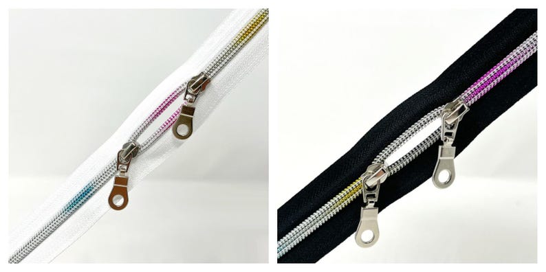 May include: Two silver zippers with colorful threads, one on a white background and one on a black background.