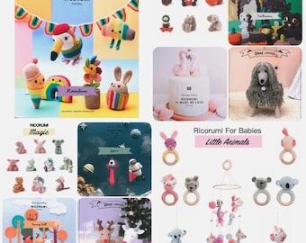 May include: A collection of Ricorumi crochet pattern books and kits featuring various amigurumi characters, including animals, space themes, Halloween figures, and baby rattles with wooden rings, displayed in a multi-panel promotional collage.